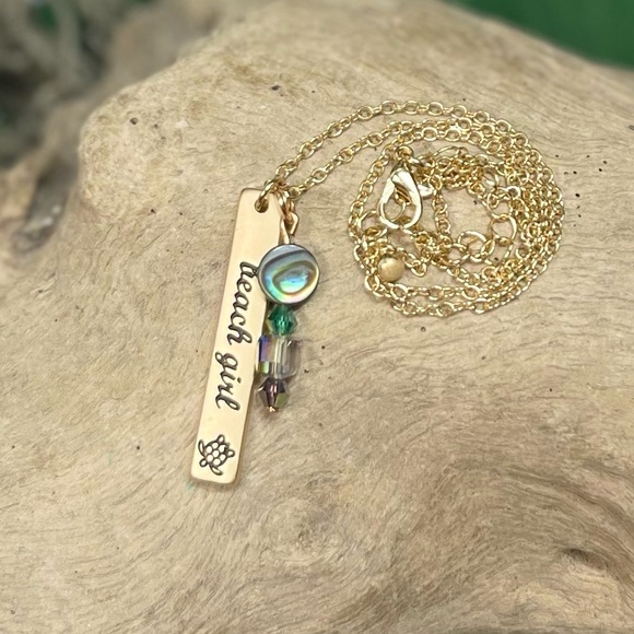 Gold or Silver Stamped BEACH GIRL Pendant w Abalone Shell Crystal Beads Necklace - Picture 14 of 16
